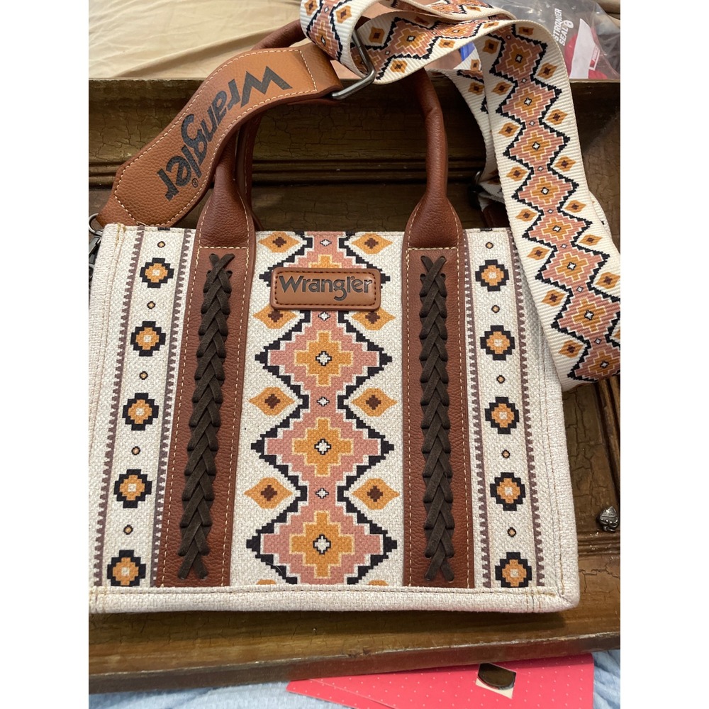 Wrangler Western Aztec Geometric Tote Bag Brown Canvas Crossbody Handbag Lg